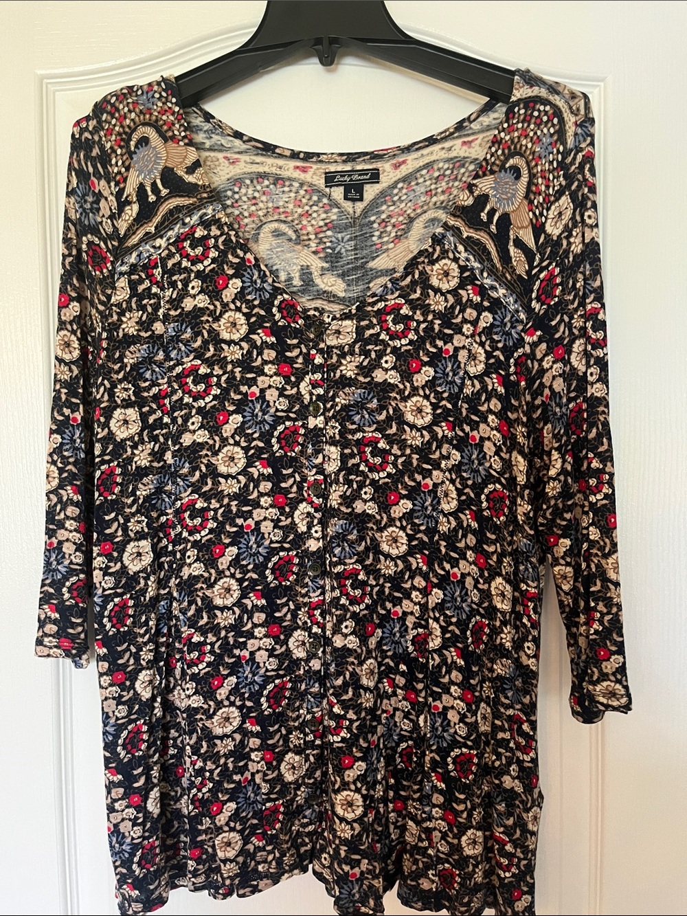 Lucky Brand Black Floral Button-Front Top with Red and Blue Accents